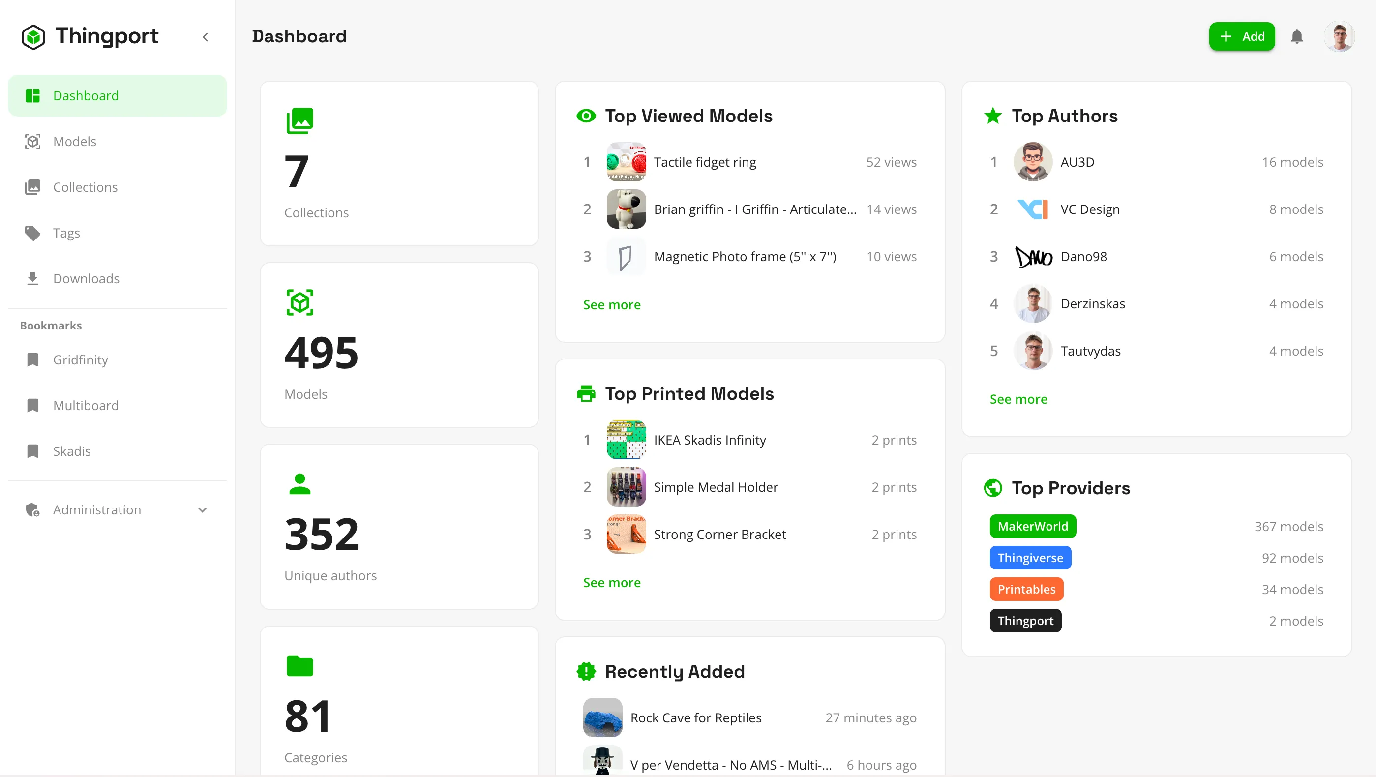 The Thingport dashboard, showing library stats, recent imports and top authors