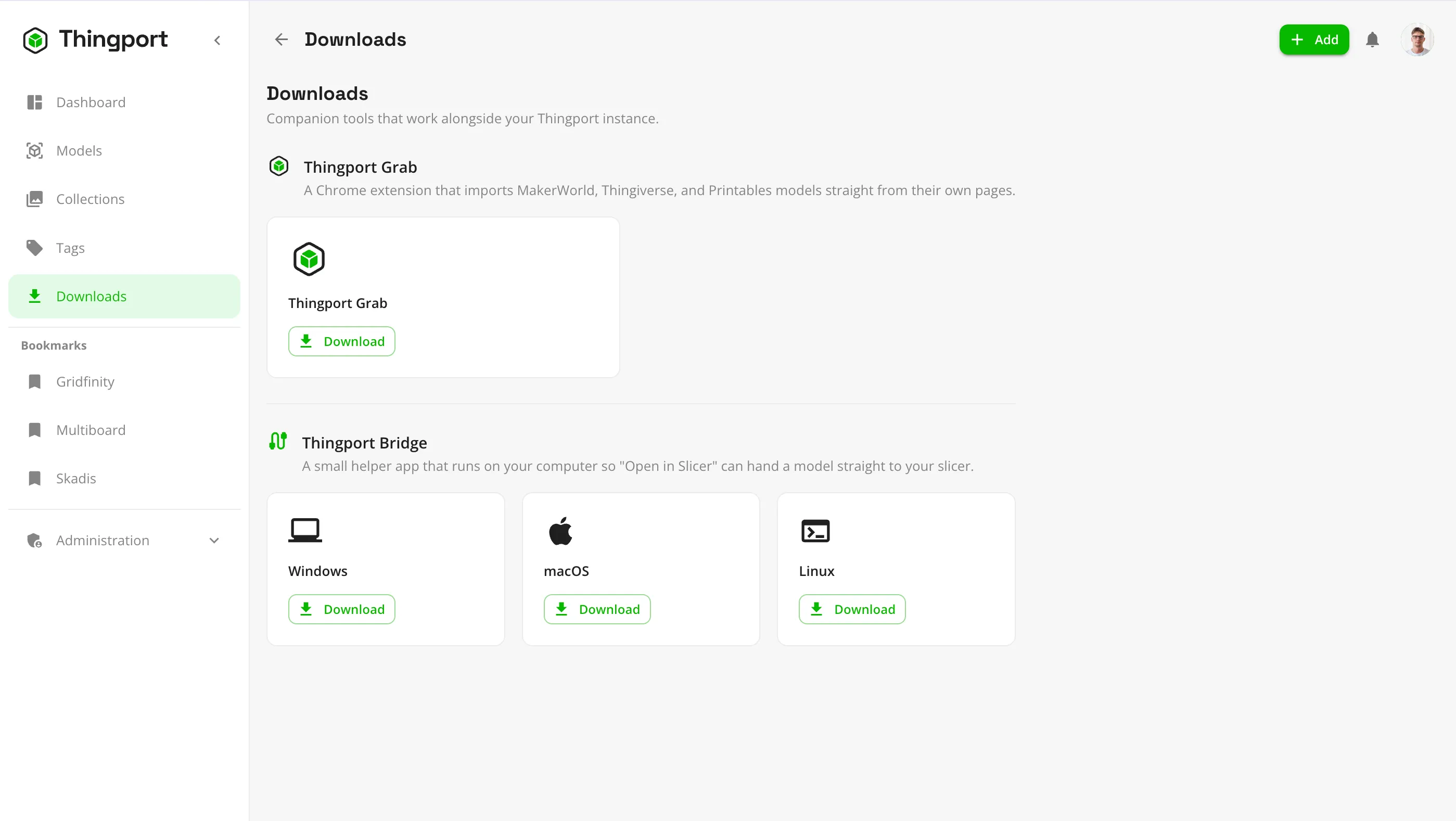 The downloads view in Thingport