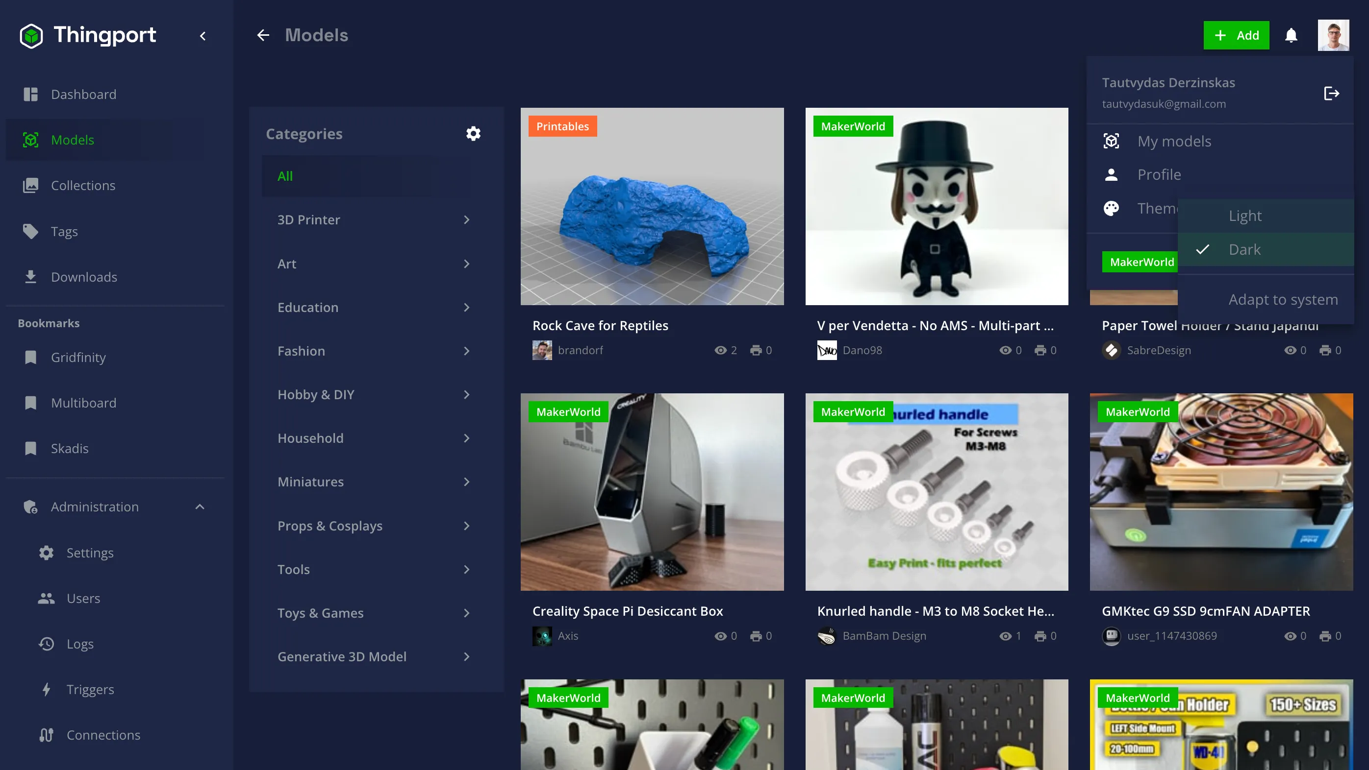 The Thingport dashboard in the dark theme