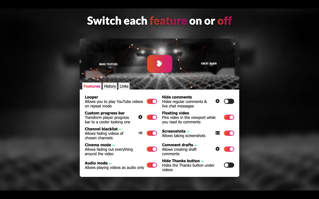 The extension's popup: switch each feature on or off