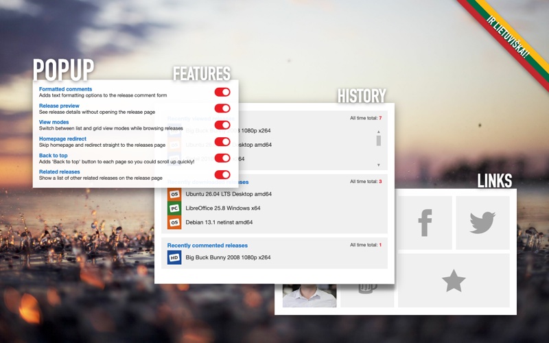 The extension's popup: feature switches, release history and links