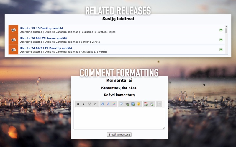 Related releases and the comment formatting editor on a release page