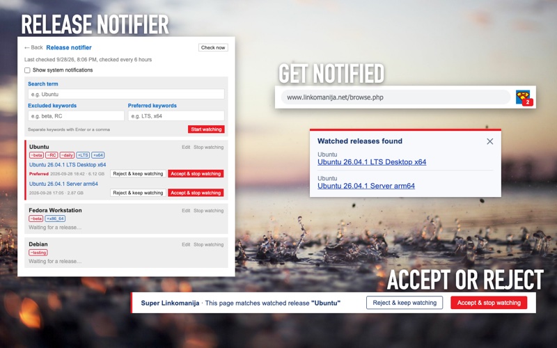 Release notifier: watched releases in the popup, the notice on Linkomanija's pages and accepting or rejecting a found release